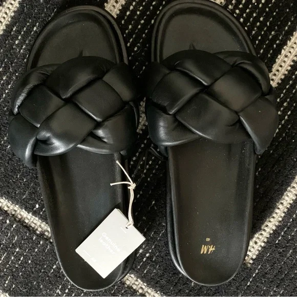 H&M PREMIUM LEATHER SLIDES | BLK | SZ40 | NEW - Picture 1 of 9